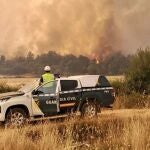Un vehículo y un agente de la Guardia Civil en los incendios en Zamora