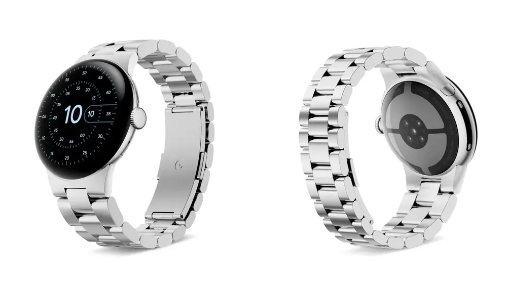El Google Pixel Watch 4 de 41 mm con la caja de aluminio plateada y una correa metálica
