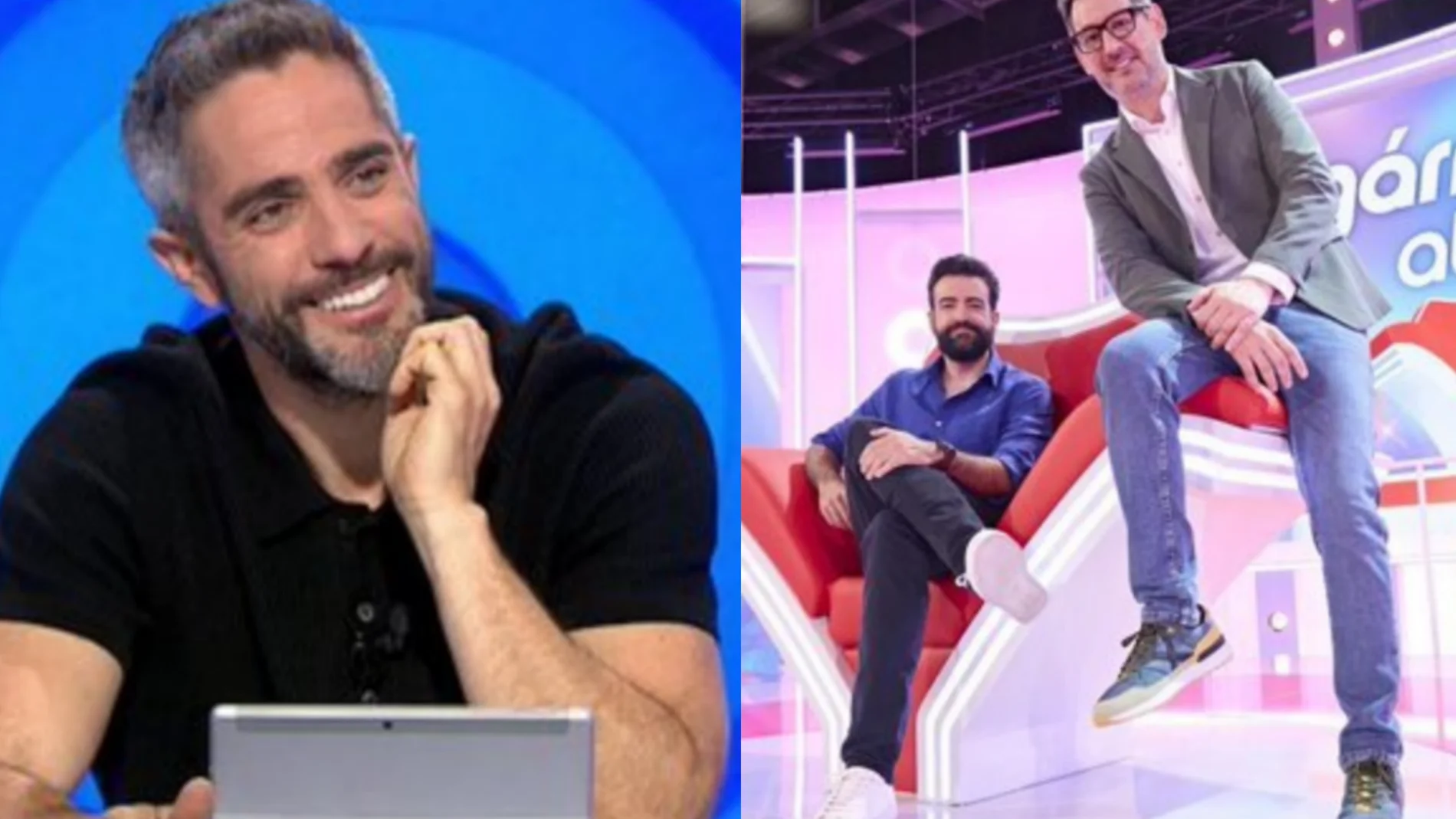 Roberto Leal, presentador de 'Pasapalabra', y Eugeni Alemany con Rafa Castaño en 'Agárrate al sillón'