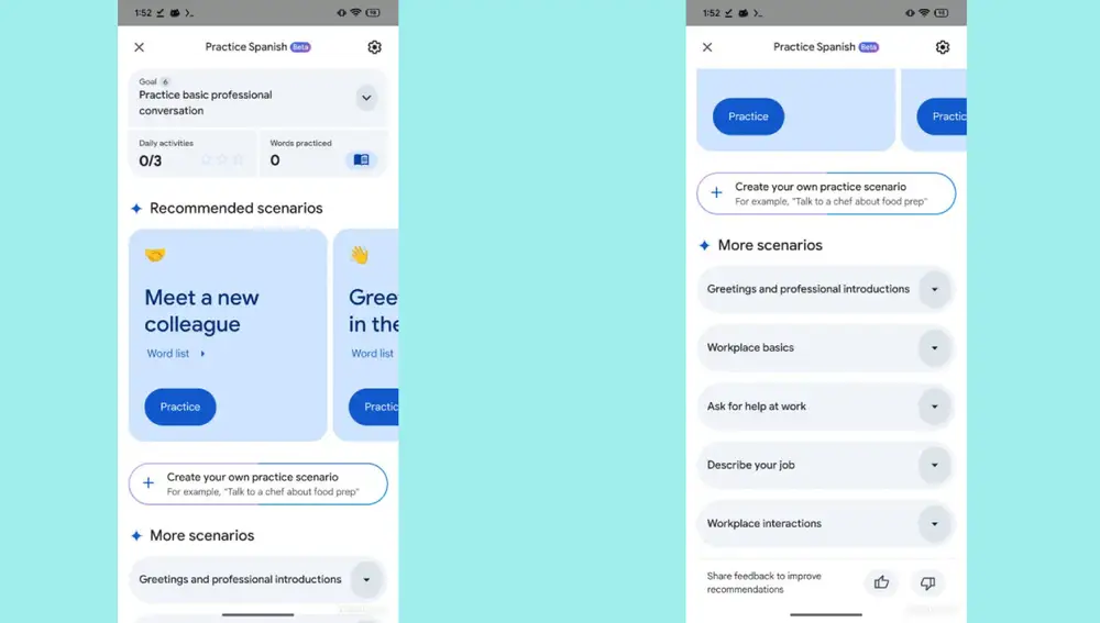 El 'Duolingo' de Google te permite escoger entre diferentes "escenarios" o categorías