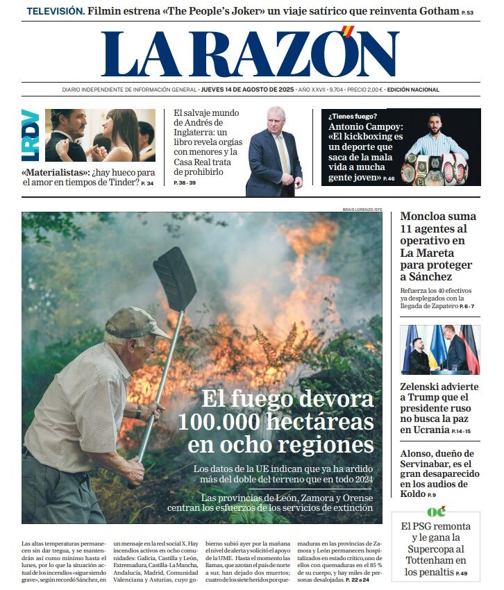 Portada de LA RAZÓN del jueves 14 de agosto de 2025