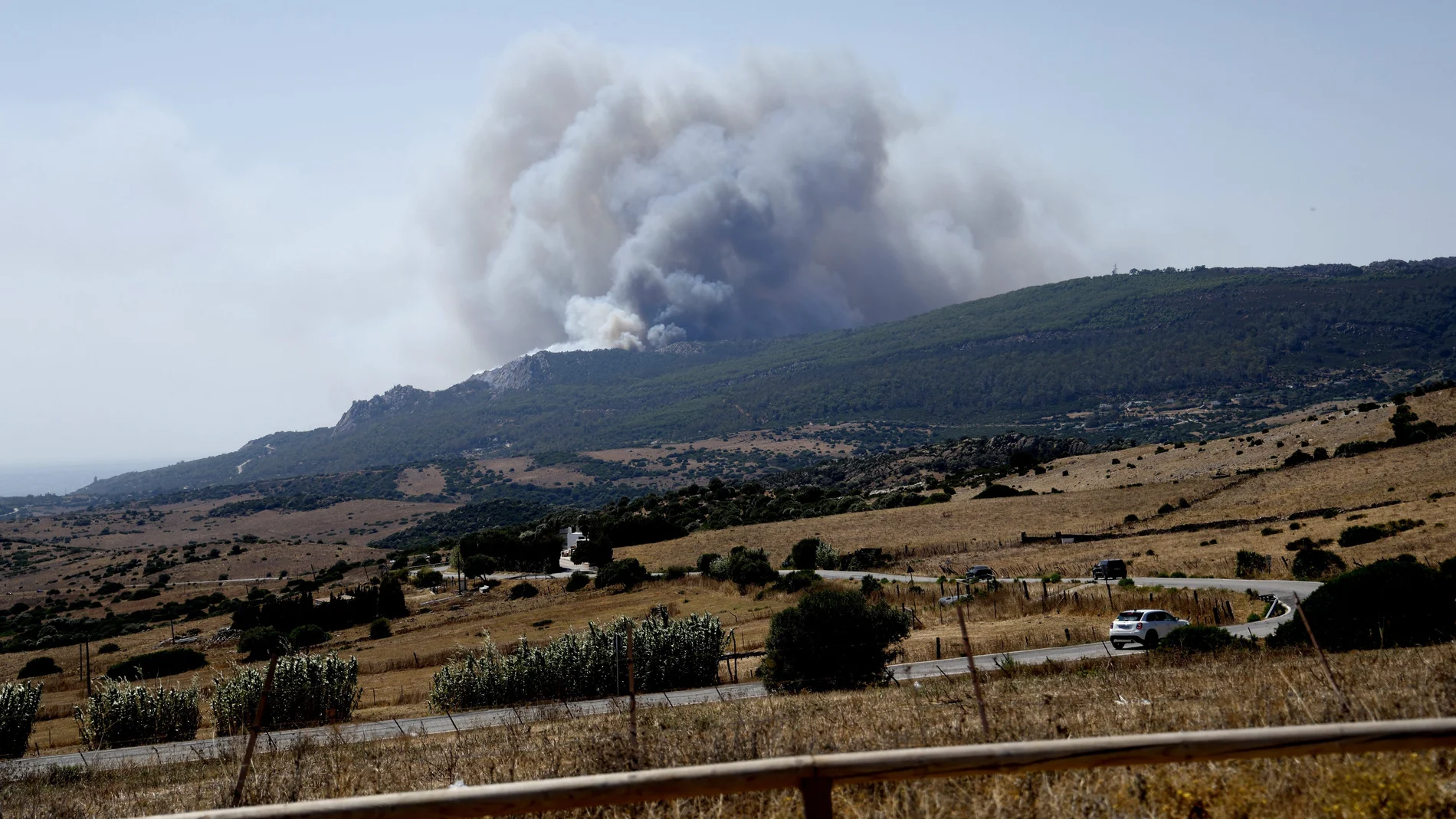 Incendio en la sierra de la Plata, muy cerca de la playa de Bolonia en Tarifa (Cádiz)