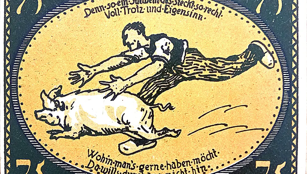 Una de las viñetas que hacen referencia a las dificultades de la cría del cerdo