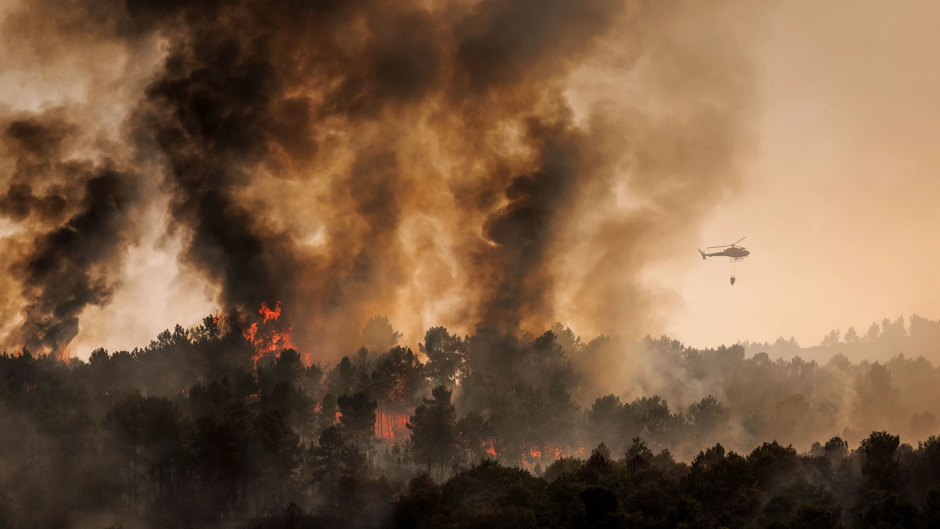Sernancelhe (Portugal), 17/08/2025.- A firefighting helicopter flies over a fire in Tarouca, Viseu, Portugal, 17 August 2025. Forest fires have burned 155,000 hectares in Portugal, half of which in just two days, representing 17 times more than the area burned in the same period last year. Portugal activated the European Civil Protection Mechanism, under which two Fire Boss aircraft are expected to arrive on 18 August to bolster efforts against the fires. EFE/EPA/PEDRO SARMENTO COSTA