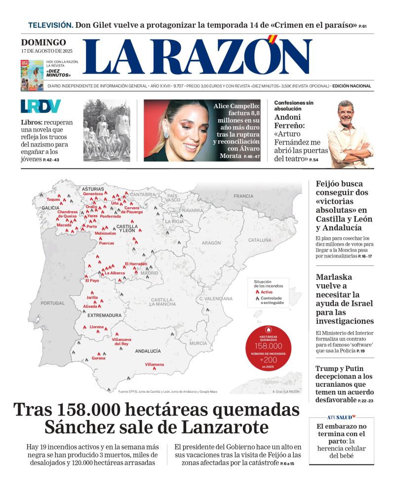 Portada de LA RAZÓN del domingo 17 de agosto de 2025