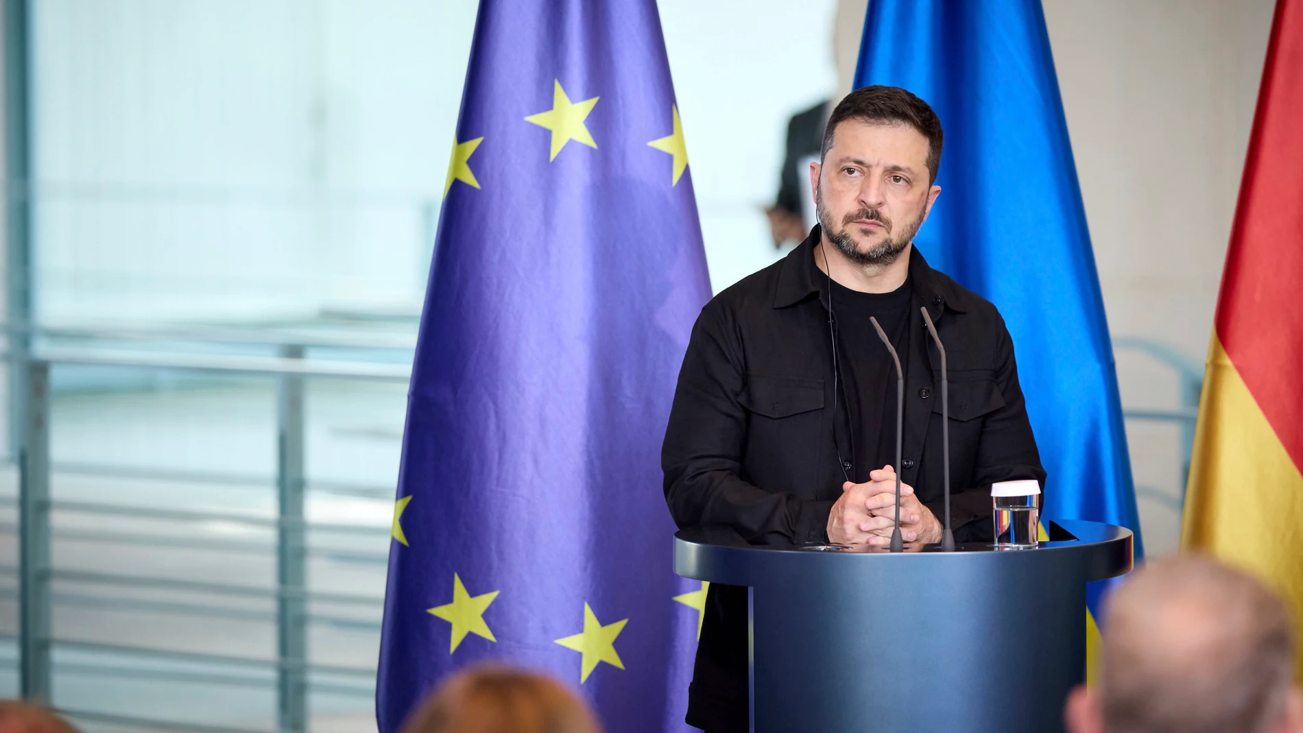 August 13, 2025, Berlin, Germany: Ukrainian President Volodymyr Zelenskyy, listens to a question during a joint press conference with German Chancellor Friedrich Merz, at the Chancellery, August 13, 2025 in Berlin, Germany. The briefing followed a virtual summit with European leaders and U.S President Donald Trump.Europa Press/Contacto/Pool /Ukrainian Presidentia13/08/2025 ONLY FOR USE IN SPAIN