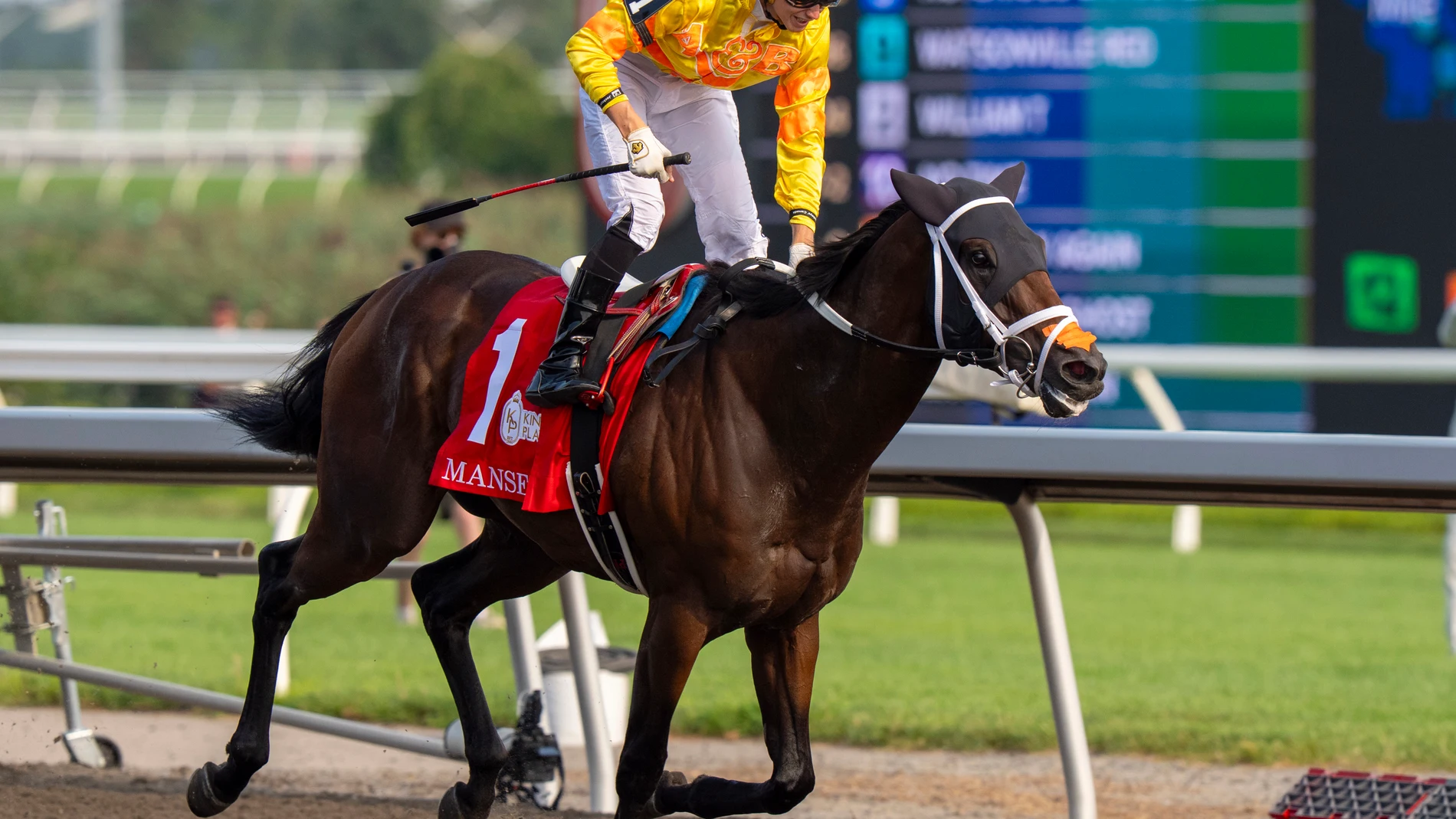 Jockey Pietro Moran celebrates while riding Mansetti to win the King's Plate horse race, in Toronto, Saturday, Aug. 16, 2025. (Frank Gunn/The Canadian Press via AP)