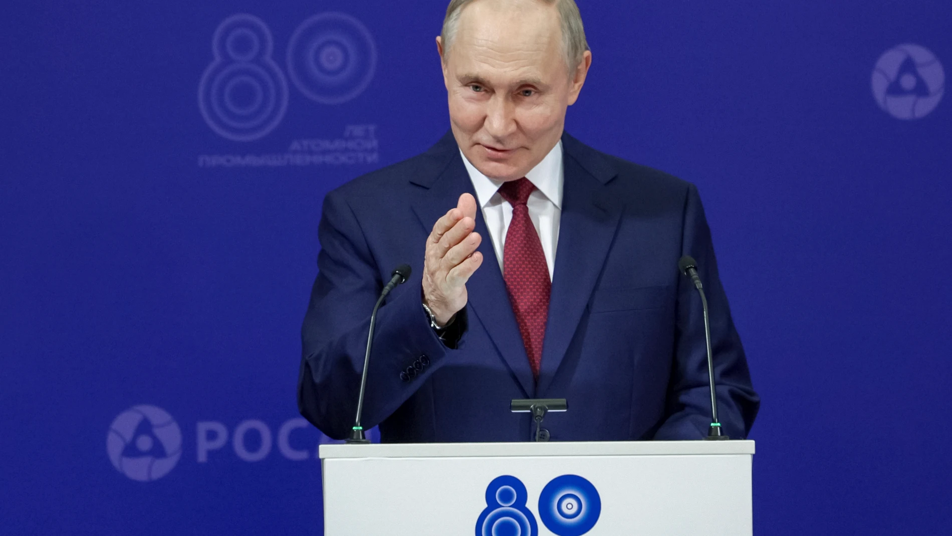 Russian President Vladimir Putin delivers his speech during a meeting with nuclear industry personnel at the Russian Federal Nuclear Center - All-Russian Scientific Research Institute of Experimental Physics (RFNC-VNIIEF), in Sarov, Nizhny Novgorod region, Russia, Friday, Aug. 22, 2025. (Gavriil Grigorov, Sputnik, Kremlin Pool Photo via AP)