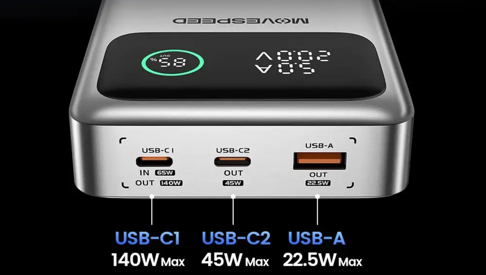 Esta batería externa tiene dos puertos USB tipo C y un USB tipo A