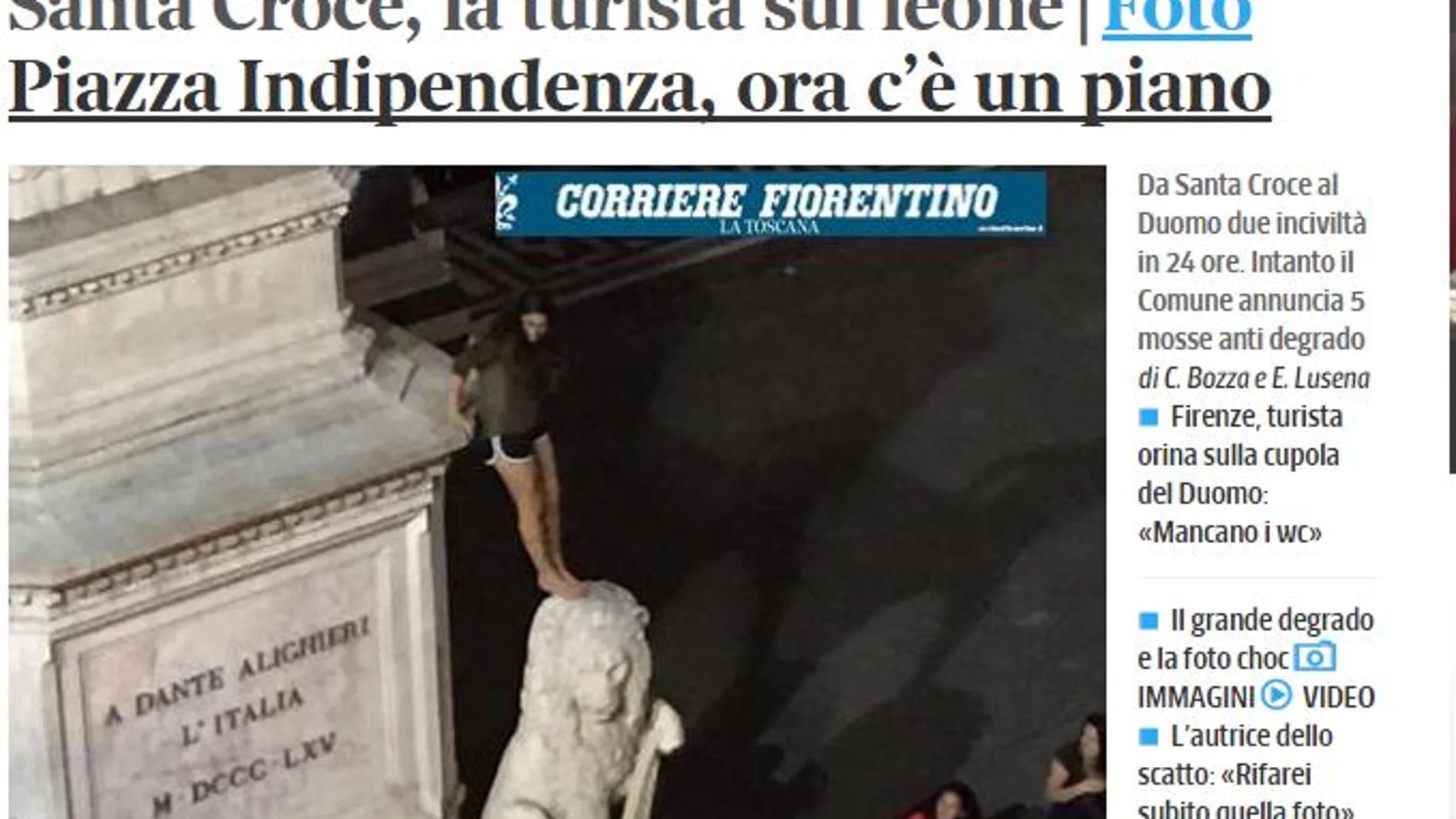 Una española se sube a uno de los leones de Dante en Florencia