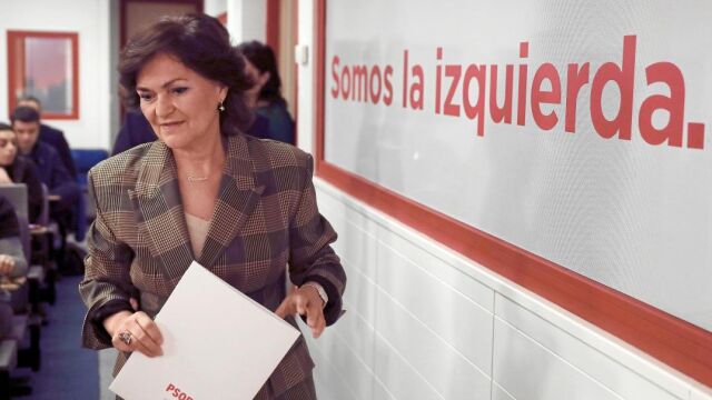 La secretaria de Igualdad del PSOE, Carmen Calvo, ayer, durante una rueda de prensa en Ferraz