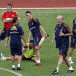 El seleccionador español, Vicente del Bosque, da instrucciones a los jugadores internacionales