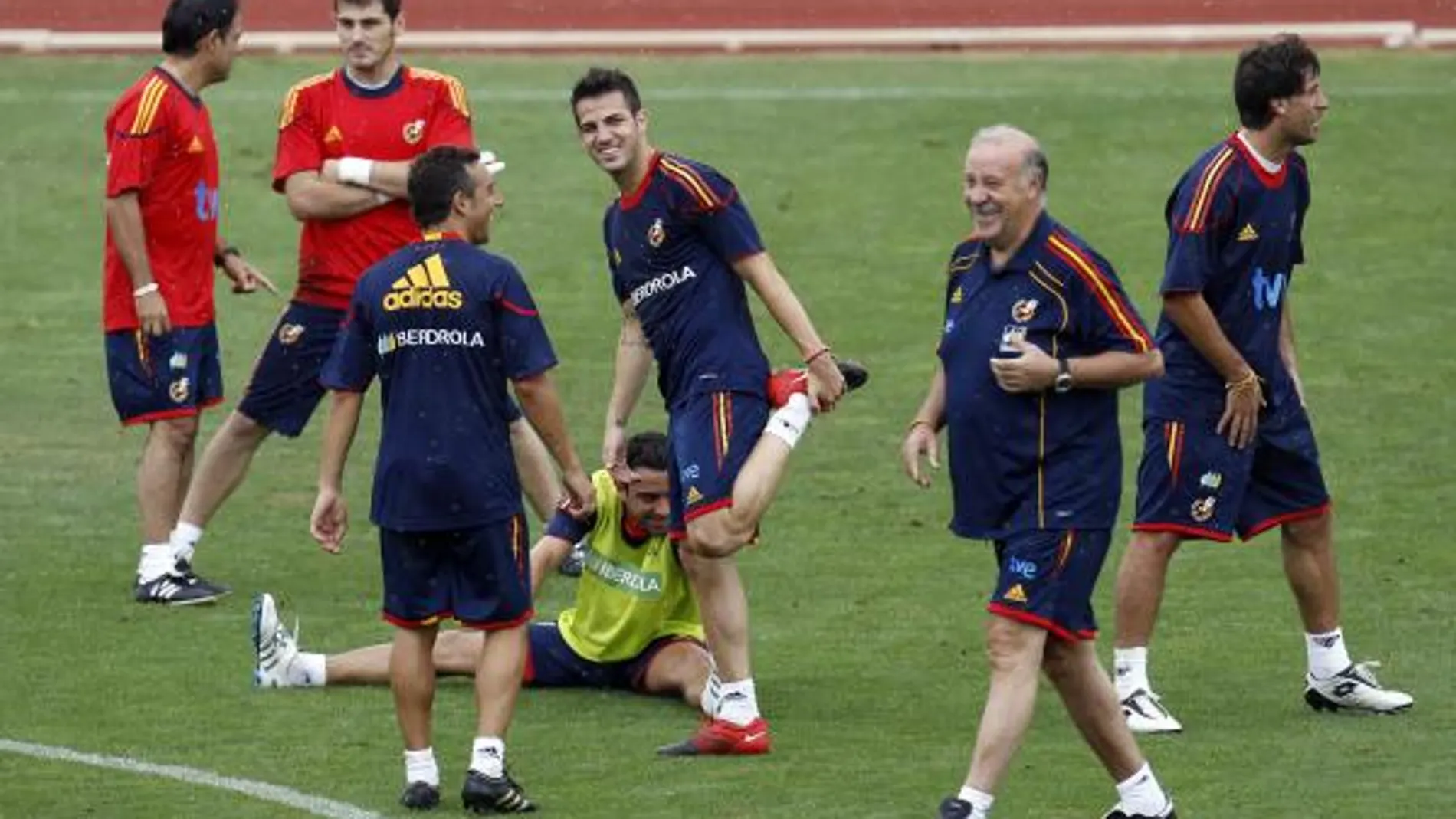 El seleccionador español, Vicente del Bosque, da instrucciones a los jugadores internacionales