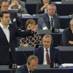 El primer ministro griego, Alexis Tsipras, durante su intervención en el Parlamento Europeo