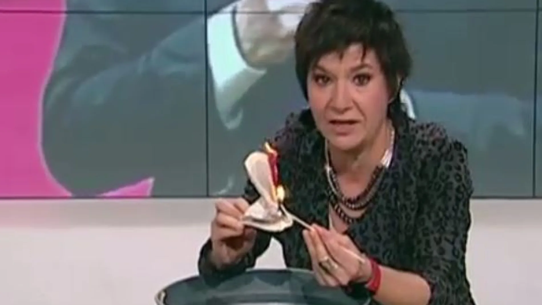 La escritora y periodista Empar Moliner quemando un ejemplar de la Constitución Española en un programa de TV3