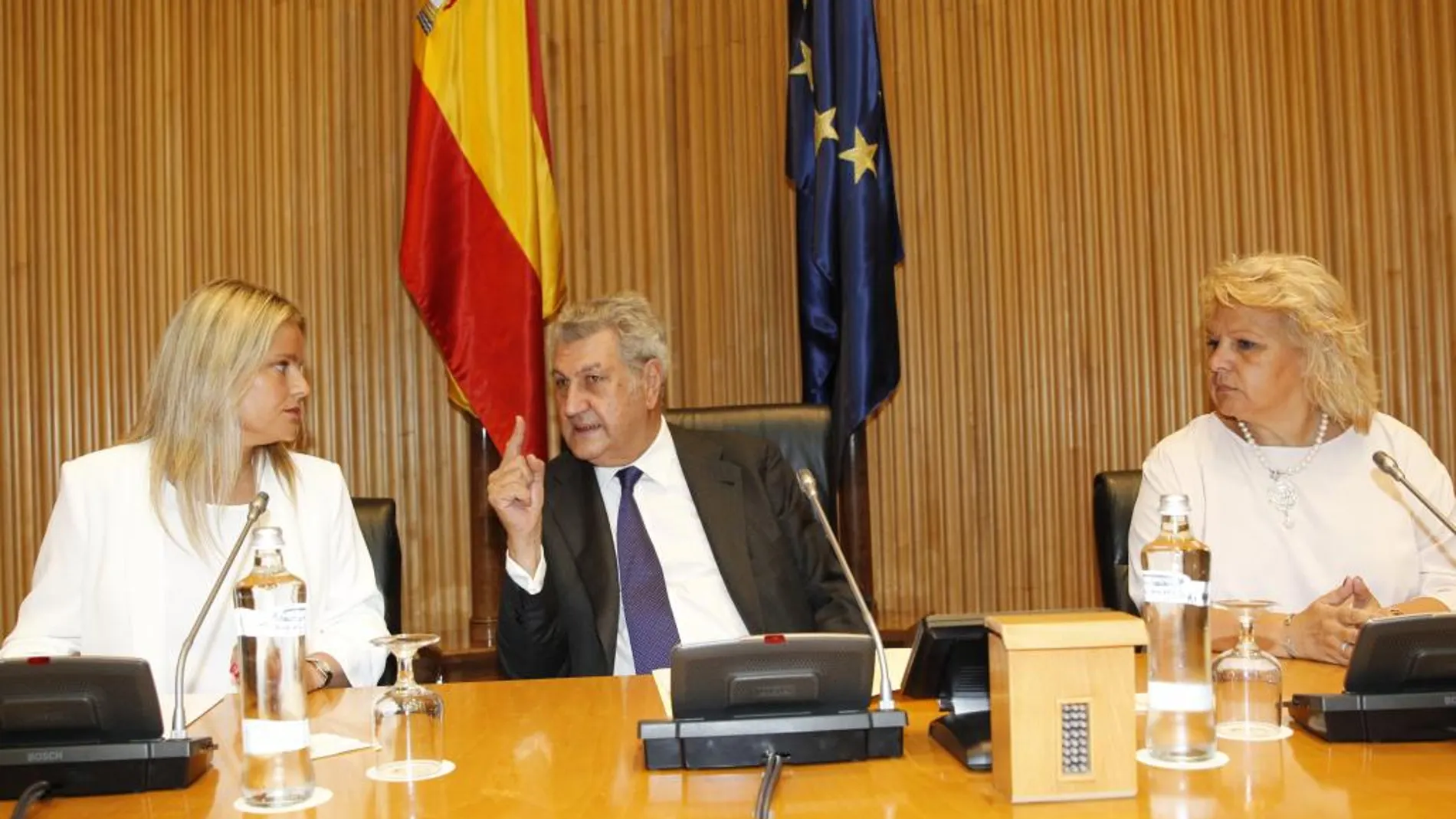 La presidenta de la Fundación Víctimas del Terrorismo, María del Mar Blanco, junto al presidente del Congreso, Jesús Posada, y la presidenta de la AVT, Ángeles Pedraza