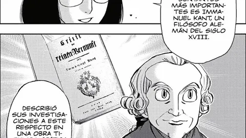 En la imagen, la profesora Osaki presenta a sus alumnos al filósofo alemán en una de las páginas del libro, editado por La otra H