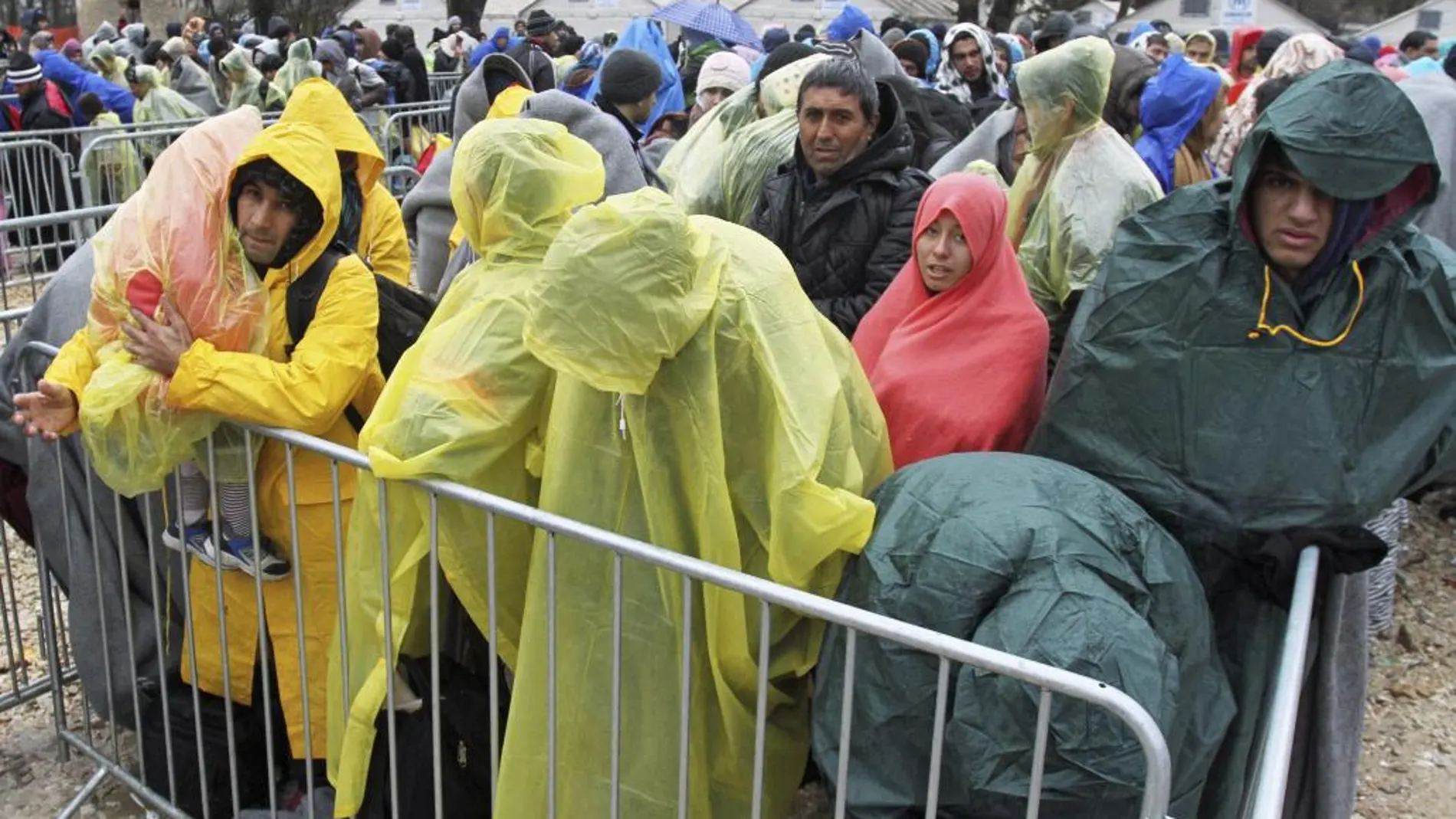 Refugiados hacen cola bajo la lluvia para registrarse en un centro cerca de Presevo, al sur de Serbia.