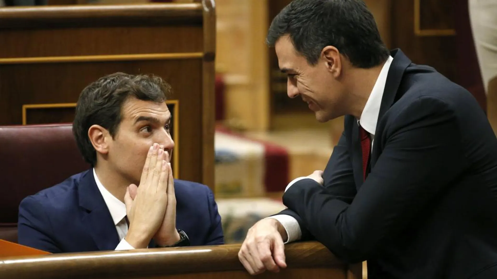 El secretario general del PSOE, Pedro Sánchez (d), conversa con el líder de Ciudadanos, Albert Rivera