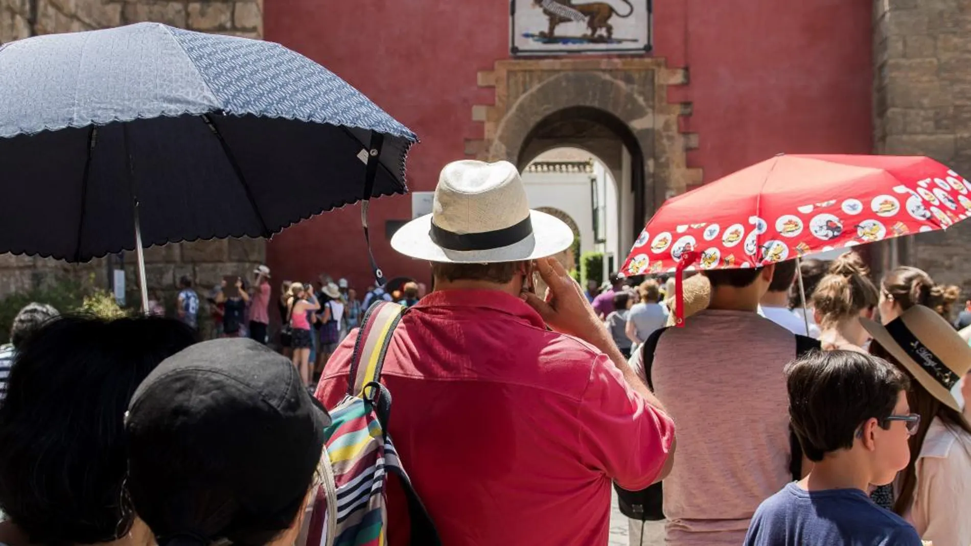 El turismo hace cola en el Real Alcázar y se resguarda del sol bajo paraguas (Foto: Efe)