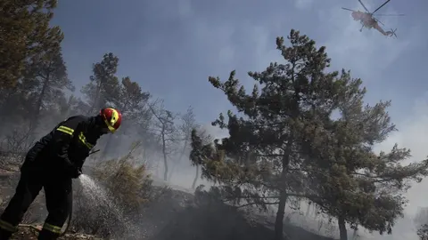 Un bombero trata de sofocar un incendio en el suburbio de Karea en Atenas, Grecia.