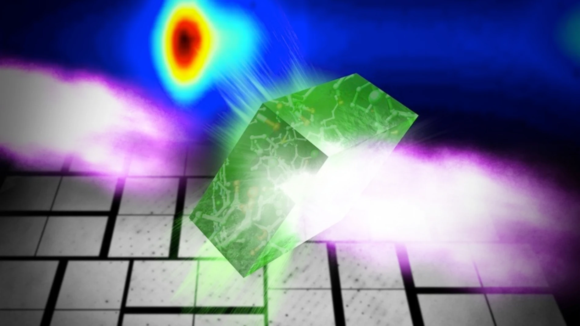 Esta interpretación artística muestra un cristal del fotosistema II golpeado por un pulso de rayos X. Imagen: Greg Stewart