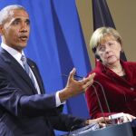 La canciller alemana, Angela Merkel y el presidente de los Estados Unidos, Barack Obama durante una rueda de prensa en Berlín.