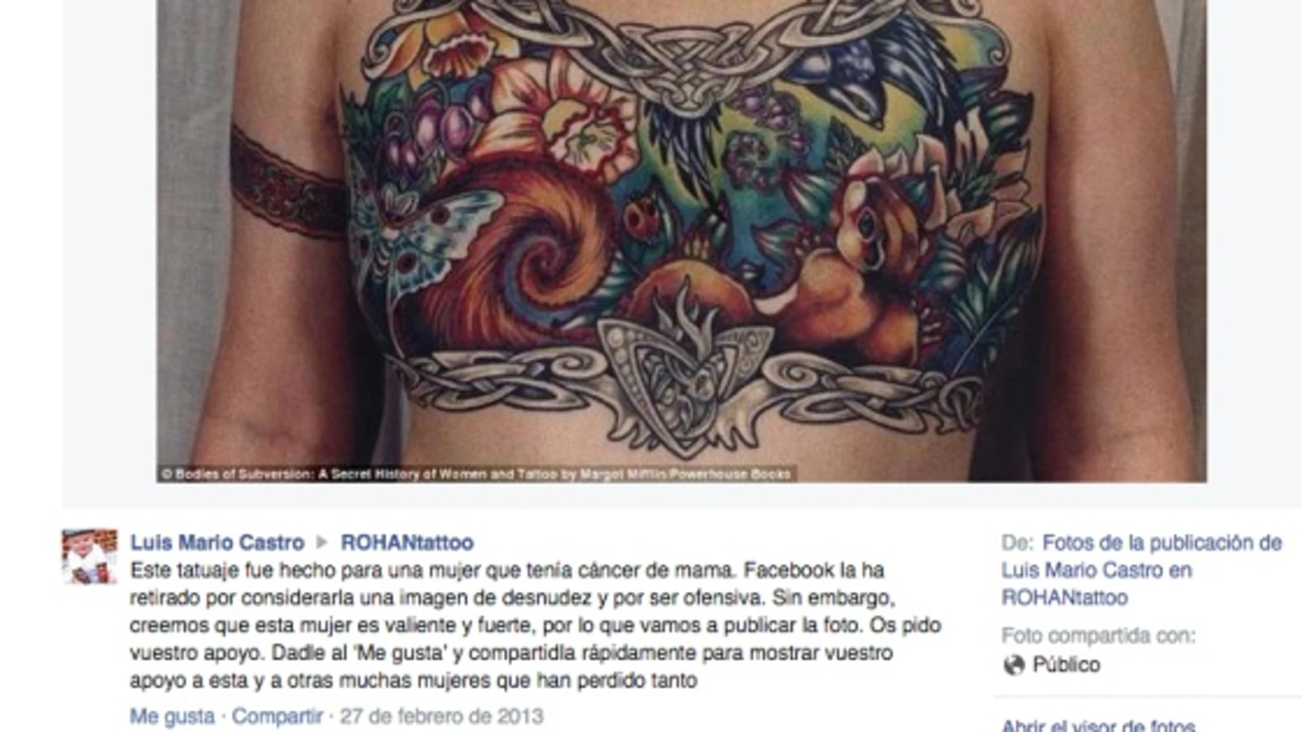 Torso de una mujer tatuada que fue retirada por Facebook después que su contenido fuera denunciado por inadecuado.