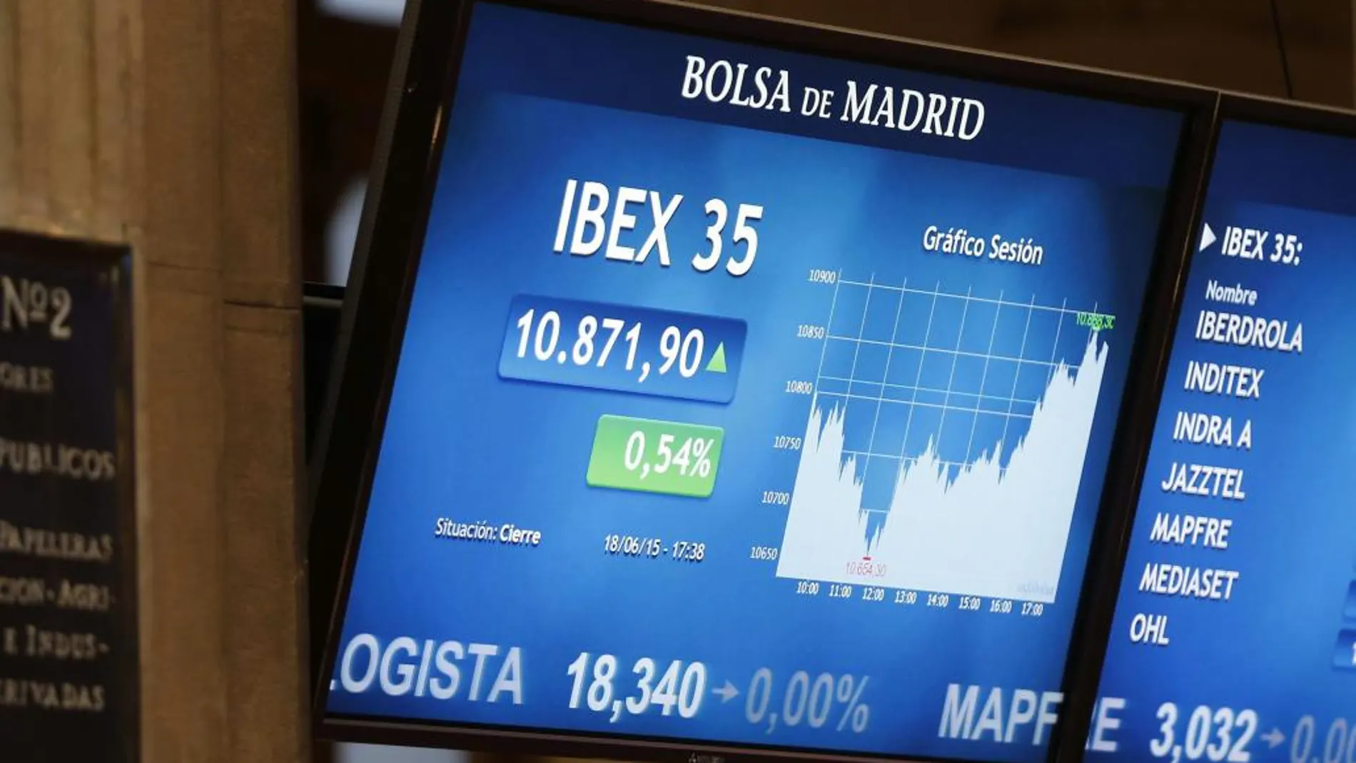 Monitores informativos en el parqué madrileño que muestran la evolución del principal indicador de la deuda española