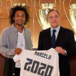 Marcelo, junto a Florentino Pérez, tras firmar su nuevo contrato