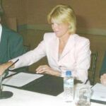 Cervera, en 1999, entre la Infanta Pilar, Mariano Rajoy y el barón Thyssen