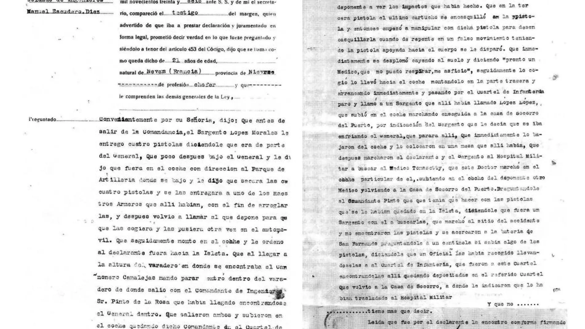 Combo de fotografías facilitadas por el historiador Moisés Domínguez, que muestran la primera y segunda página de la declaración judicial del único testigo de la muerte del general Amado Balmes
