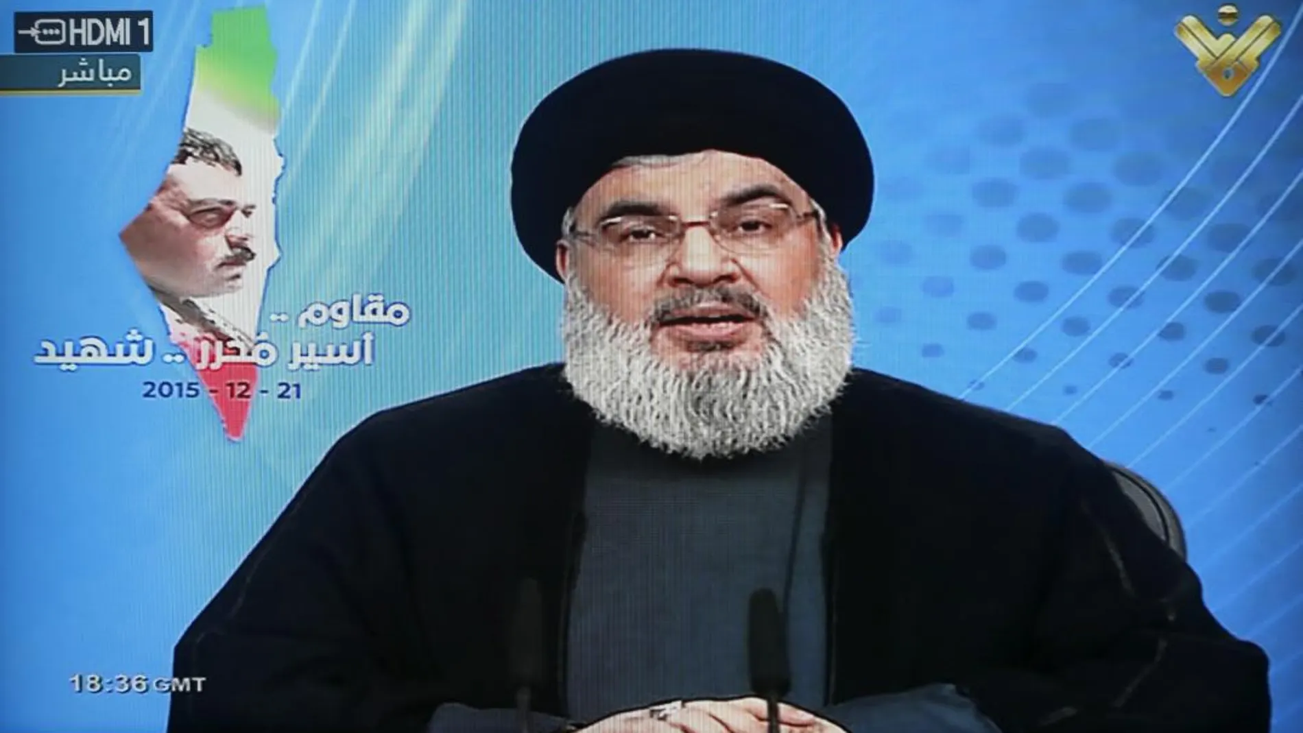 El líder de Hizbulá Sheik Hassan Nasrallah en una intervención televisada. (AP Photo/Mohammed Zaatari)