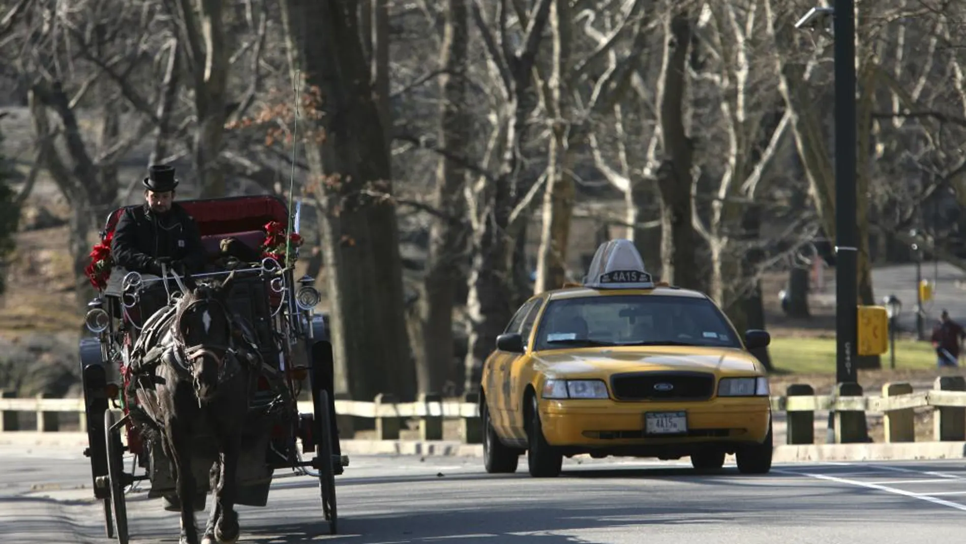 Un taxi por Central Park, junto a un carruaje de caballos