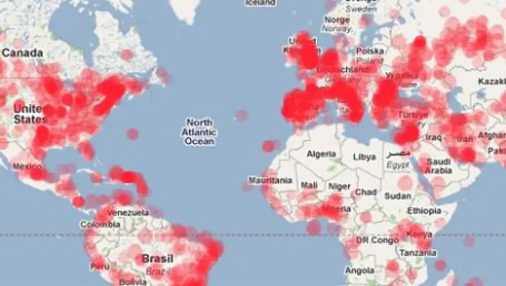 España, un centro señalado en el mapamundi del spam