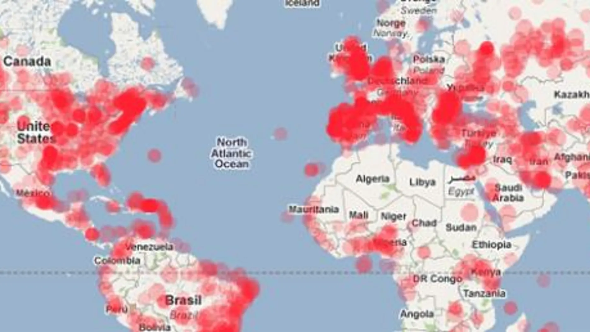 España, un centro señalado en el mapamundi del spam