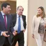 Herrera y Pilar del Olmo escuchan al portavoz popular, Carlos Fernández Carriedo, ayer, en los pasilos de las Cortes