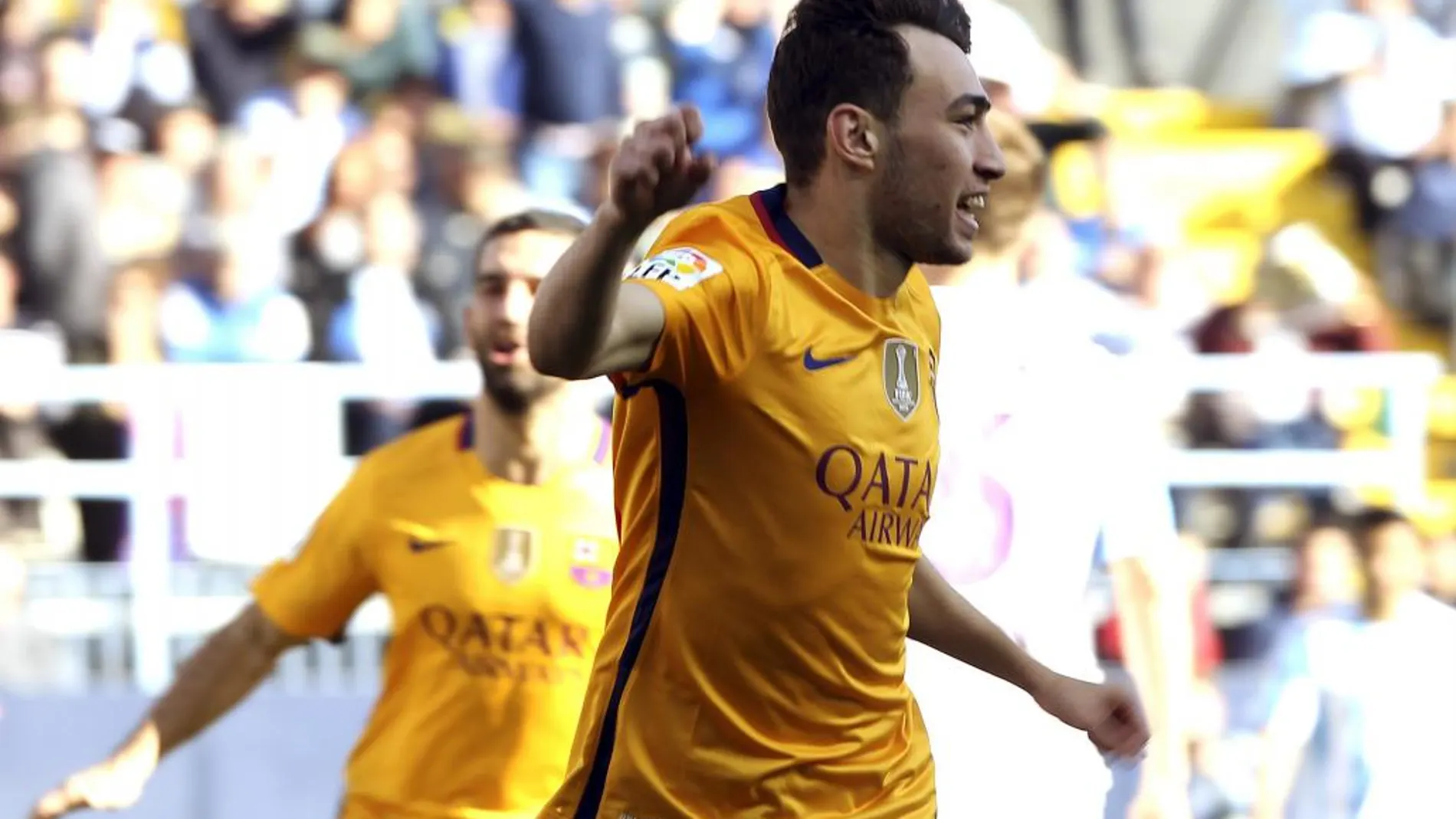 Munir El Haddadi celebra el primer gol que ha marcado frente al Málaga.