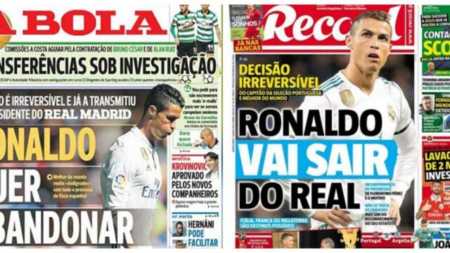 La portada de «A Bola» del año pasado junto a la portada de hoy del diario portugués «Record».
