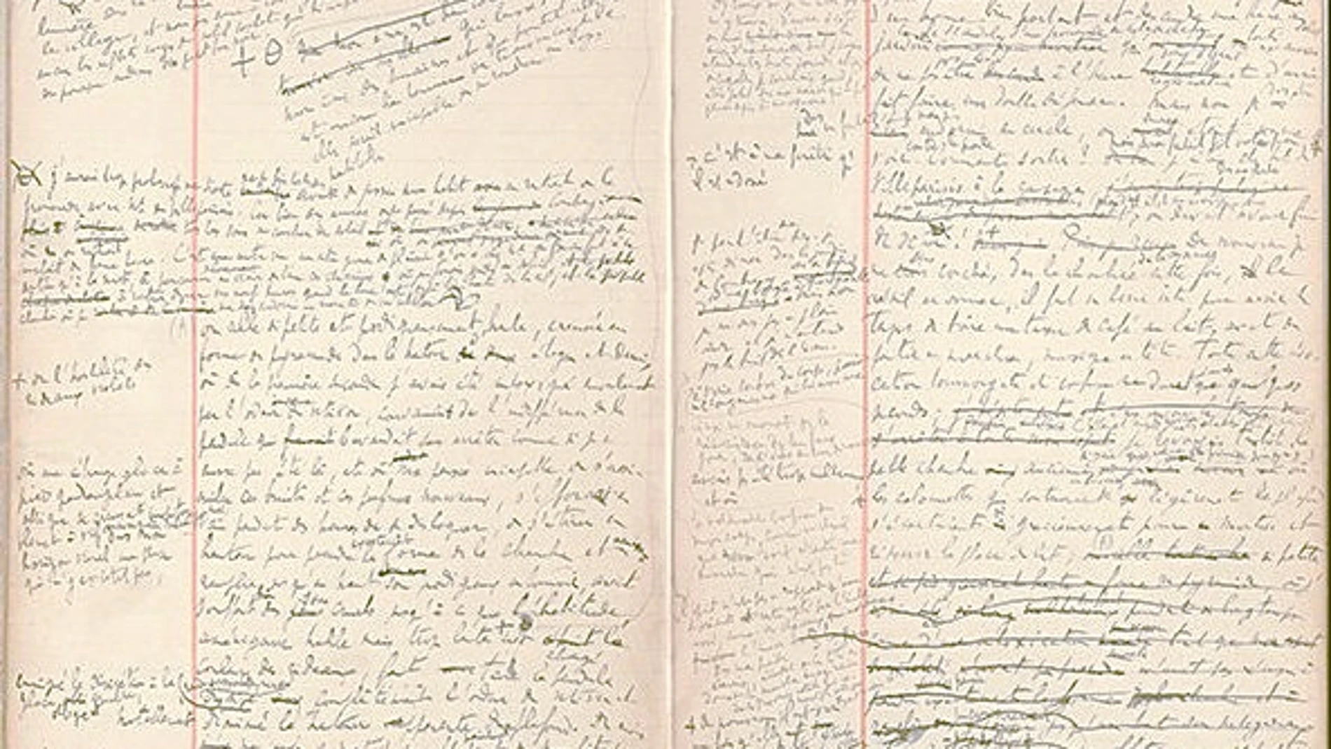 Doble página con anotaciones manuscritas por el autor, donde se pueden ver sus tachaduras y correcciones
