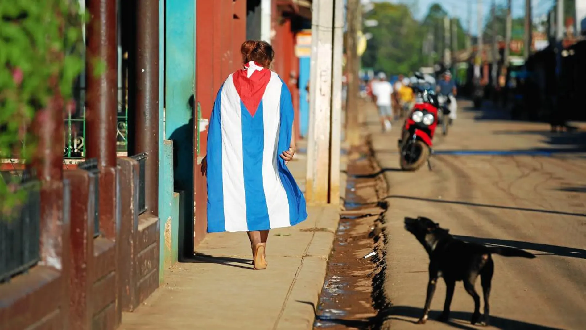 Un perro ladra a una persona ataviada con la bandera cubana en la localidad de Alquizar/Reuters