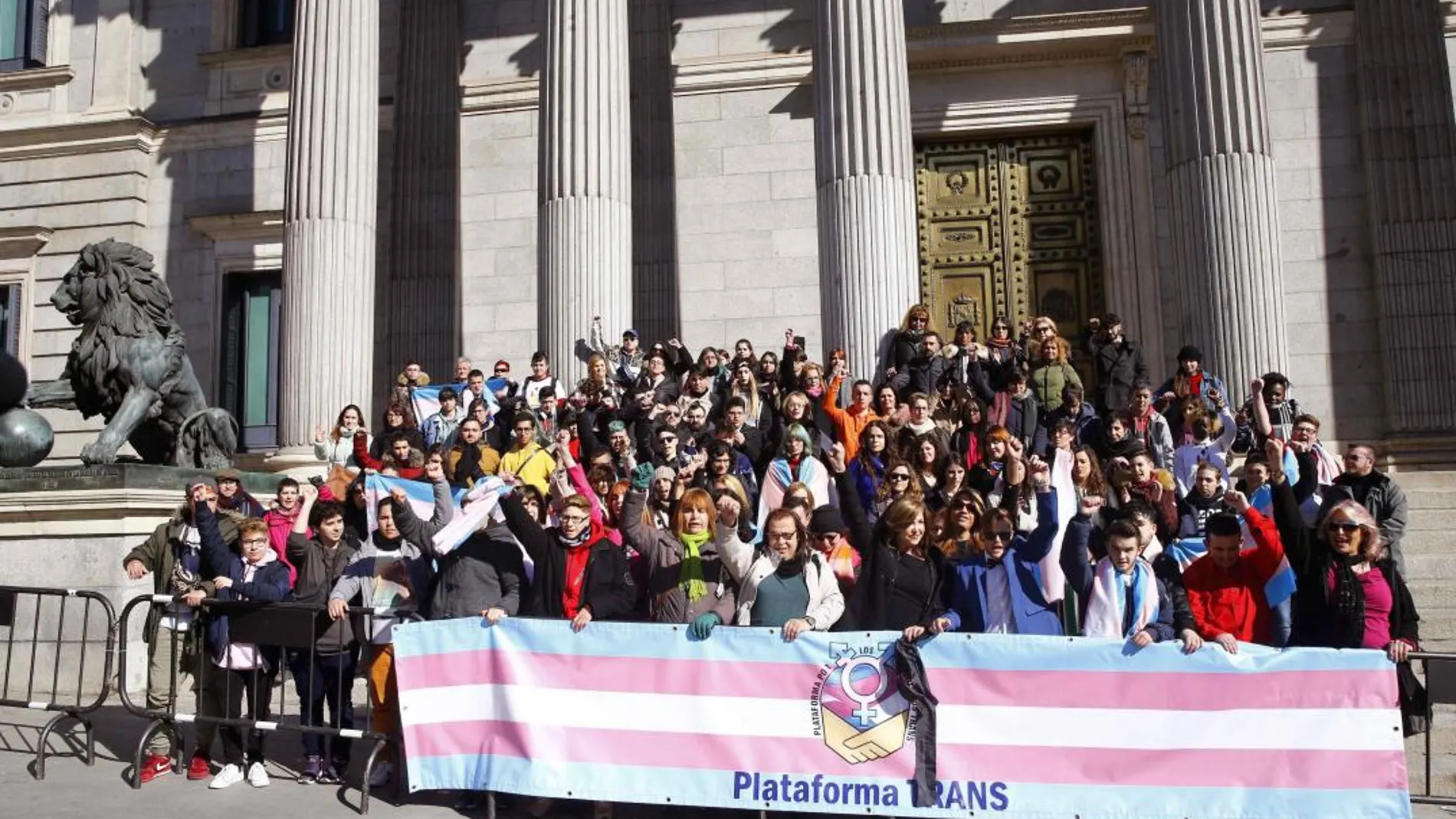 Miembros de la plataforma trans se concentran a las puertas del Congreso.
