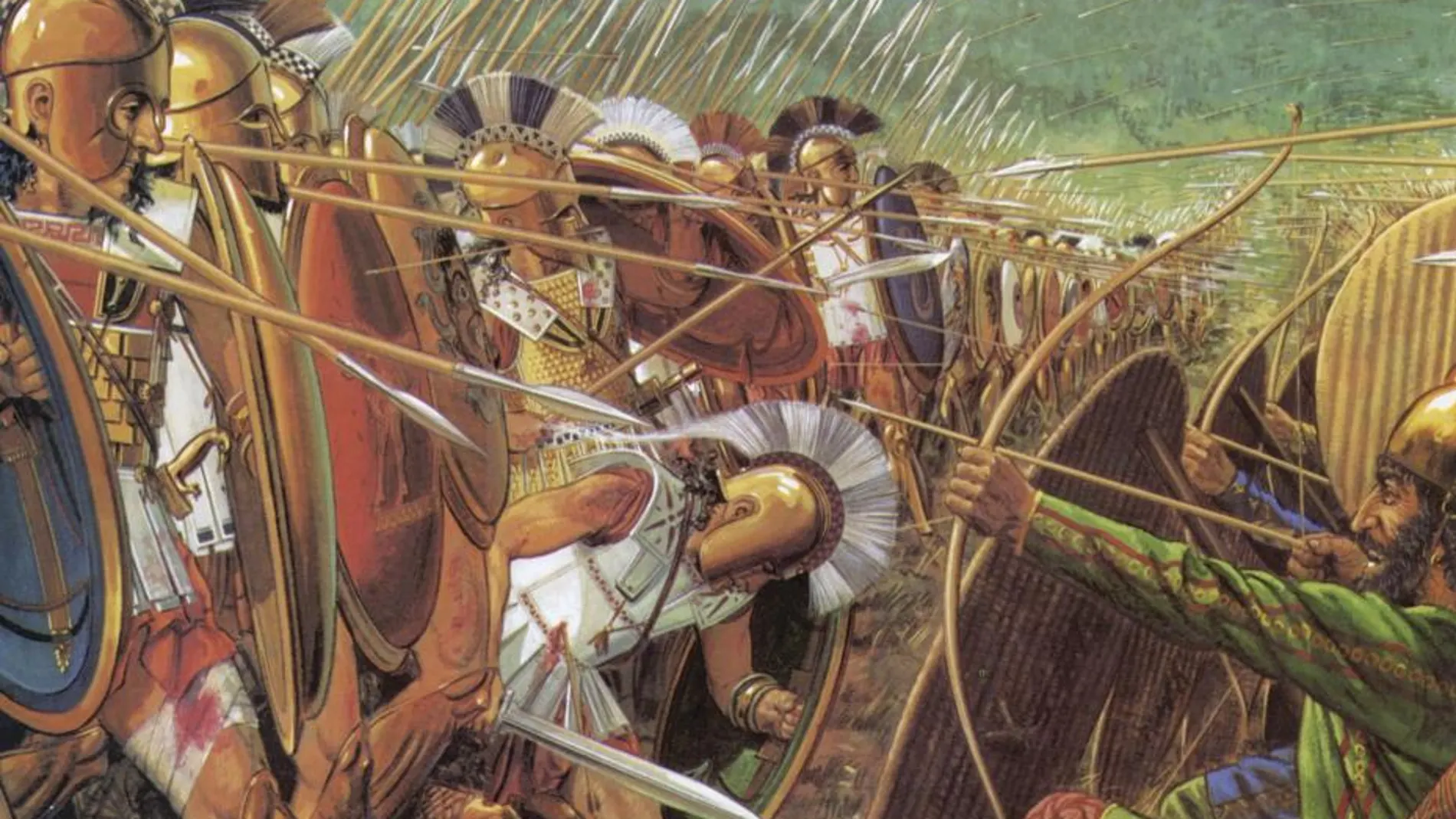 Ilustración de la batalla de las Termópilas en «La guerra en Grecia y Roma». Ilustración: Peter Connolly