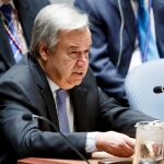 El secretario general de las Naciones Unidas, Antonio Guterres (c), interviene en el Consejo de Seguridad de la ONU. EFE/ Justin Lane