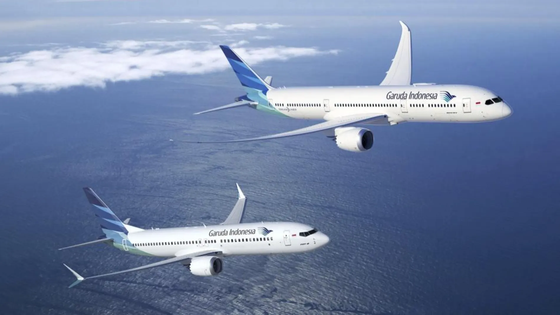 Fotografía facilitada por Boeing, en la que se muestra a un avión 737-8 (delante) y un 787-8 (detrás), de la compañía indonesia Garuda