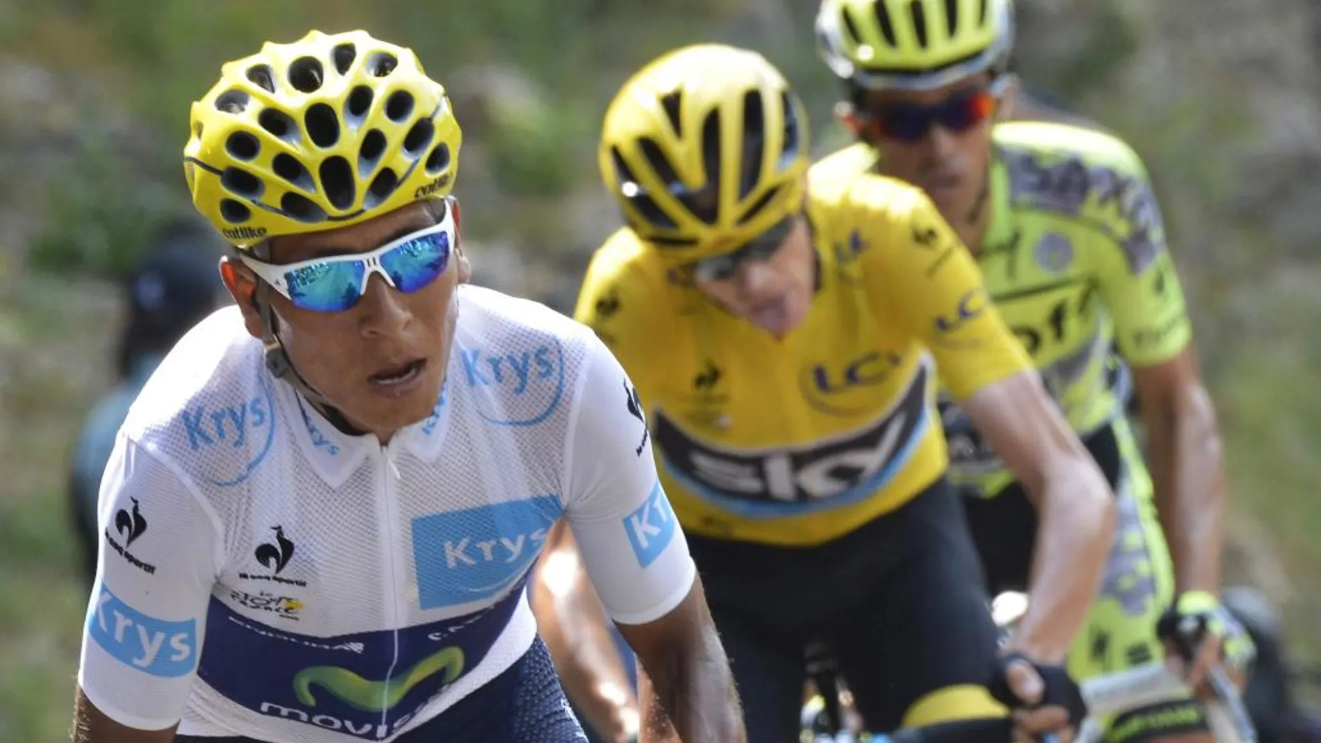 Nairo Quintana, Chris Froome y Alberto Contador, de izd a dcha, durante la 17ª etapa del Tour