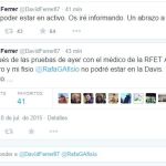 Sendos tuits de David Ferrer en los que anuncia la imposibilidad de disputar la Davis