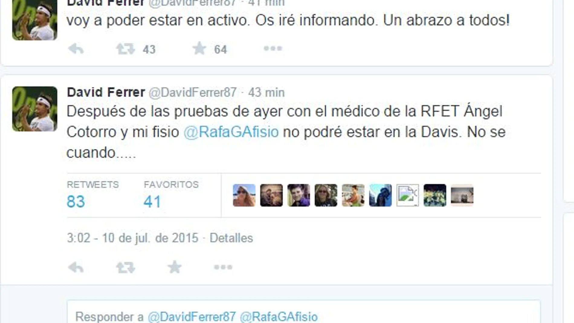 Sendos tuits de David Ferrer en los que anuncia la imposibilidad de disputar la Davis
