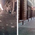 En las imágenes, la céntrica calle Aduana antes y después de que los equipos de limpieza hicieran su trabajo tras el botellón