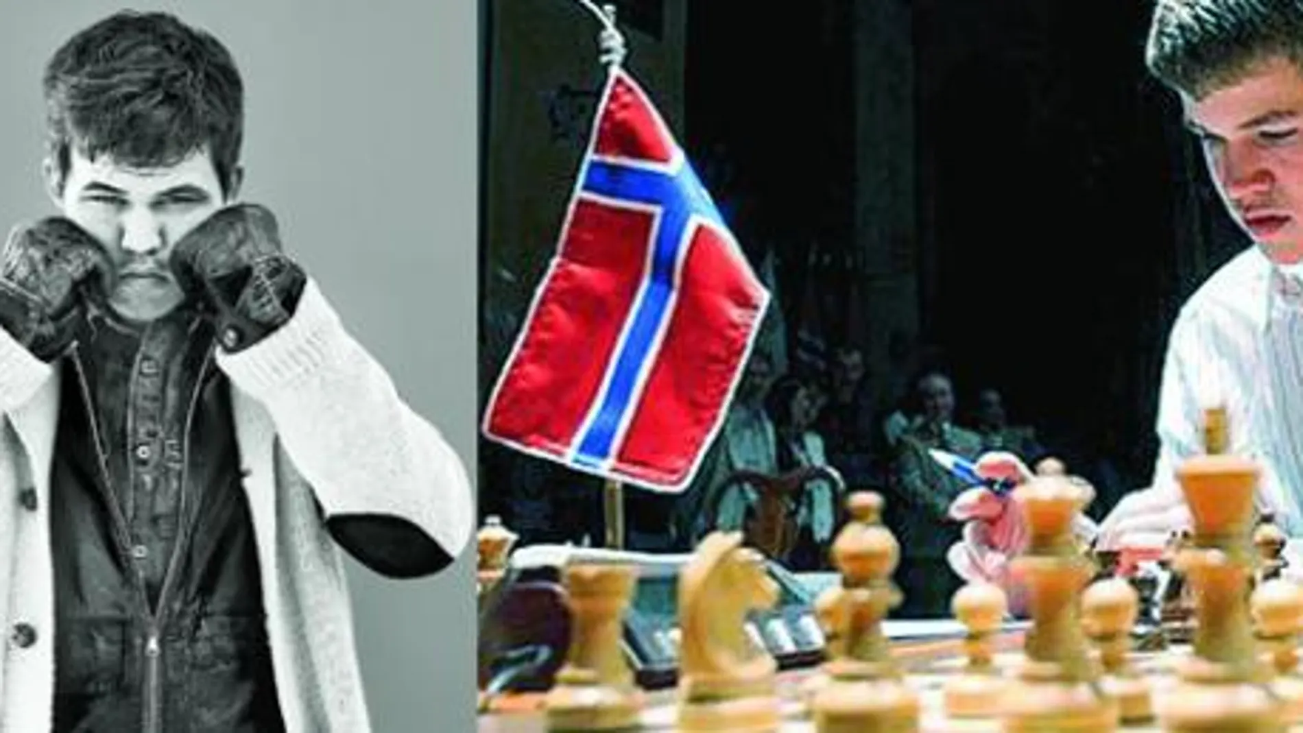 Magnus Carlsen, «vestido para matar» por la firma G-STAR y (derecha) en un torneo internacional